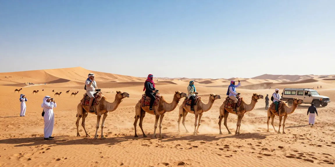 Adventurers experiencing a desert safari with camels in scenic sand dunes, embodying the spirit of exploration and adventure.