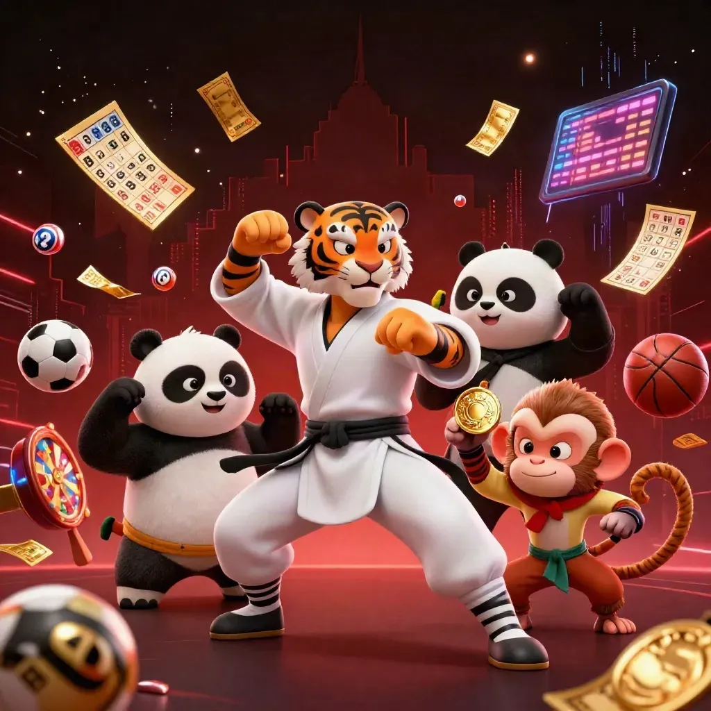 Kung-fu tiger, panda, and monkey amid casino balls, prize wheel, medals, and neon sports chaos.