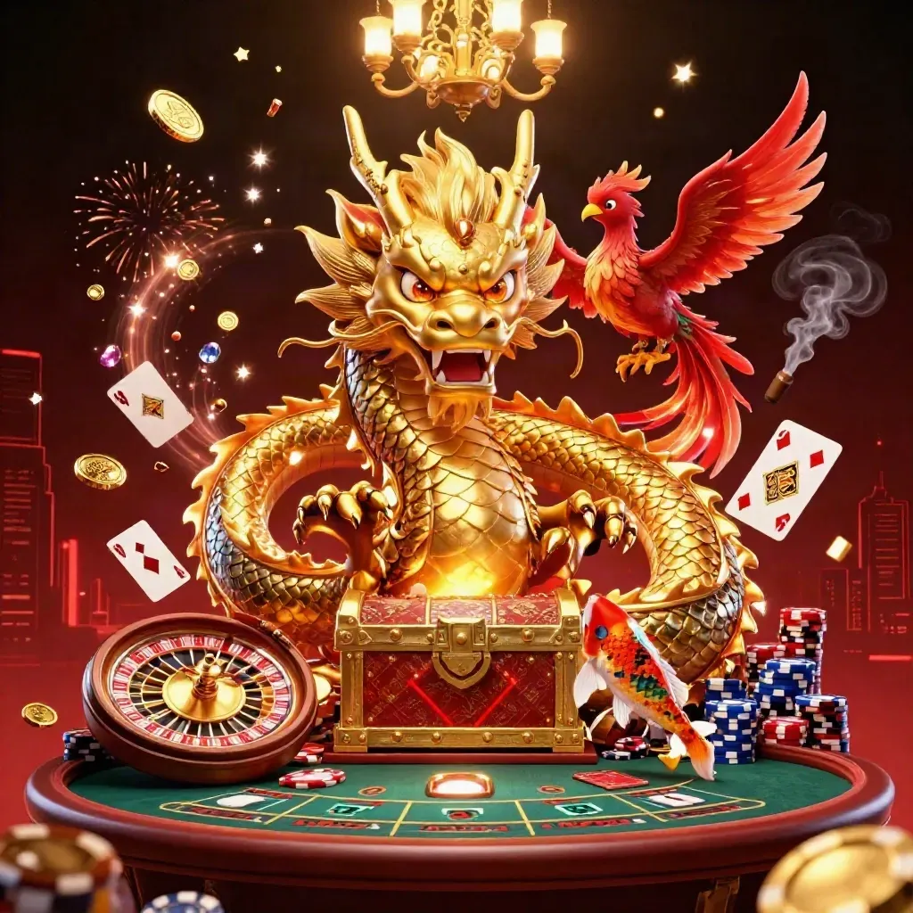 Golden dragon, phoenix, koi, chips, cards, and spinning roulette wheel in a luxe casino scene.