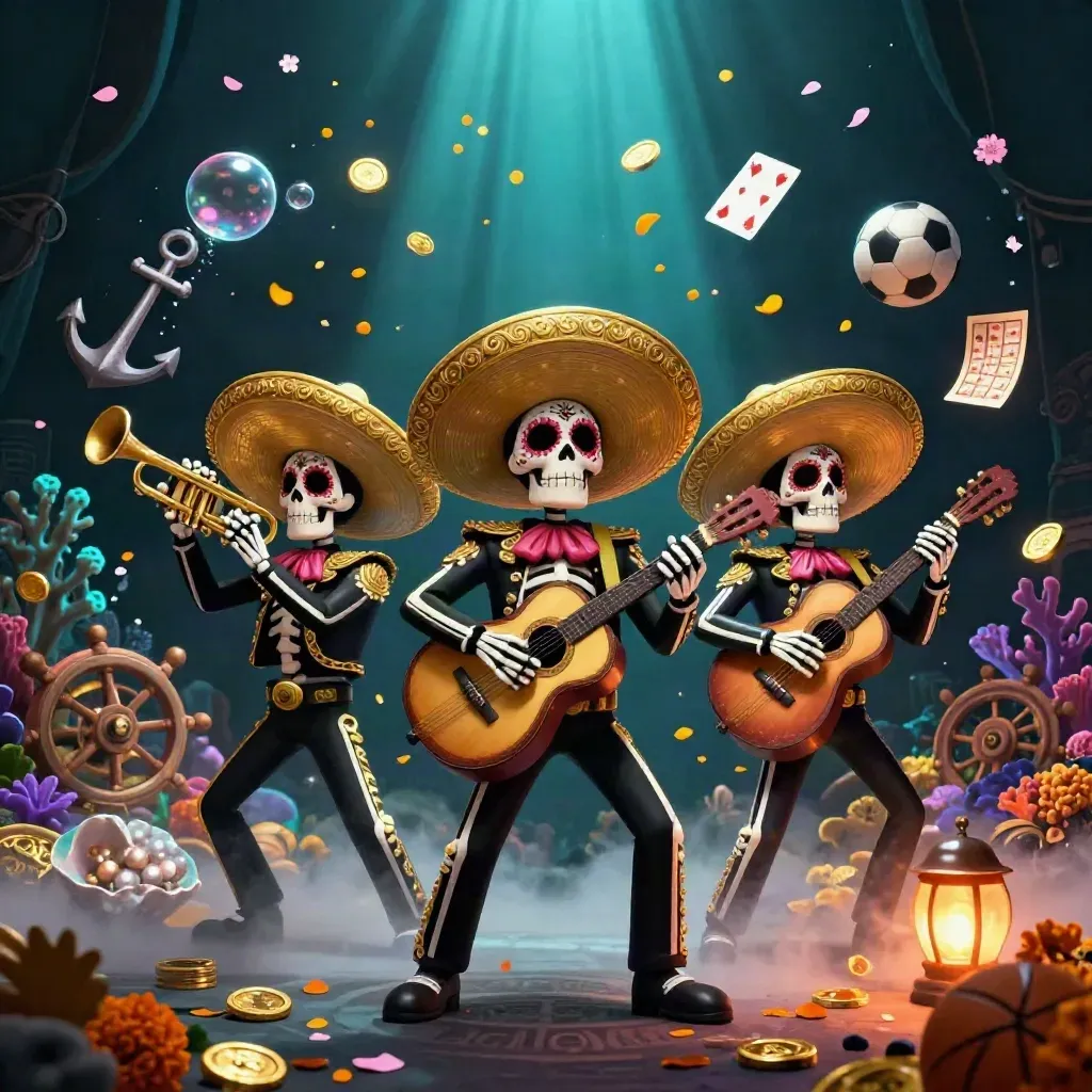 Skeleton mariachi trio underwater amid gold coins, cards, soccer ball, and glowing ruins.