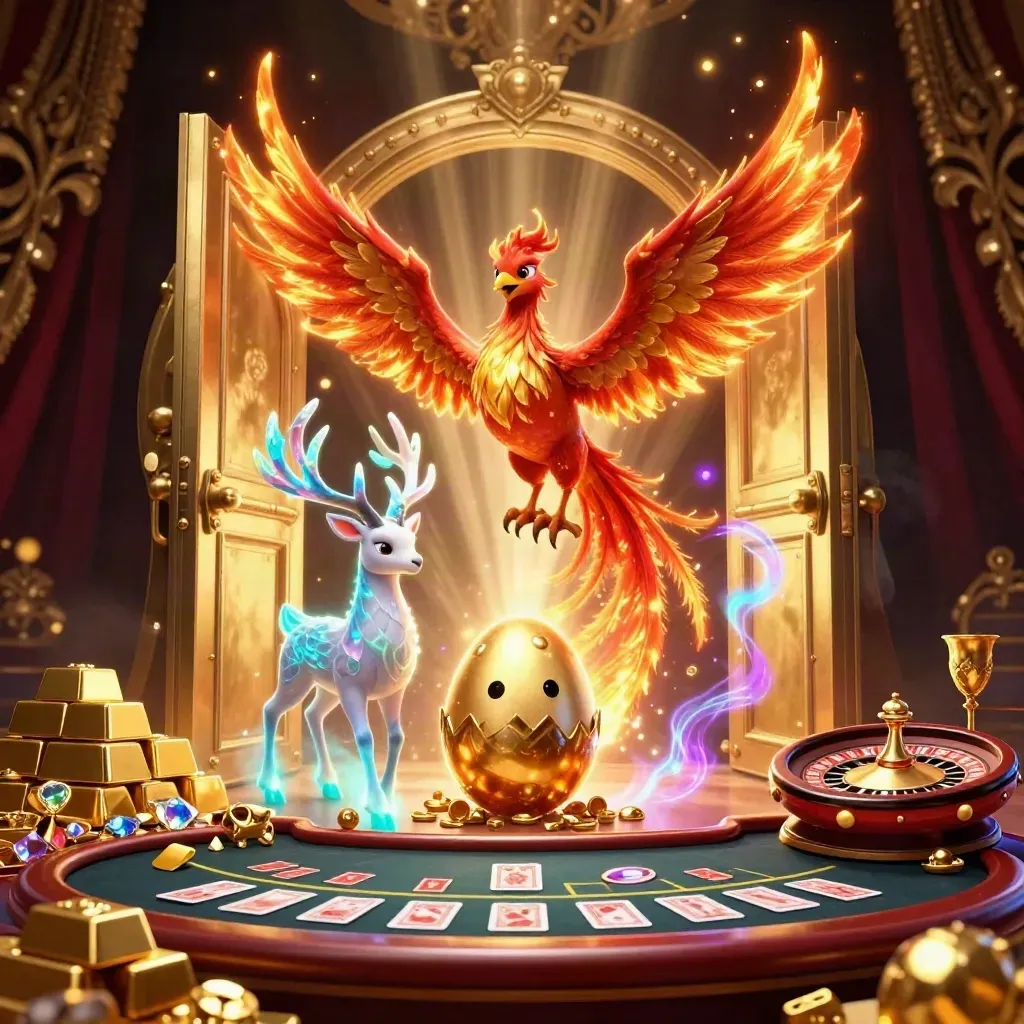 Phoenix, hatching chick, and crystal-antler stag before a glowing vault in a luxe casino glow.