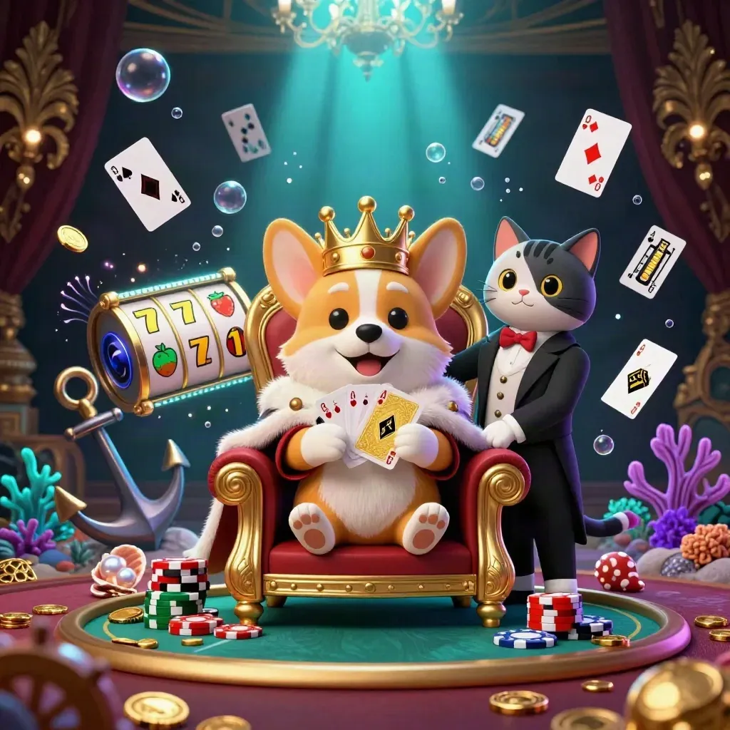 Royal corgi king and cat butler amid treasure, coral, bubbles, cards, and glowing casino relics.