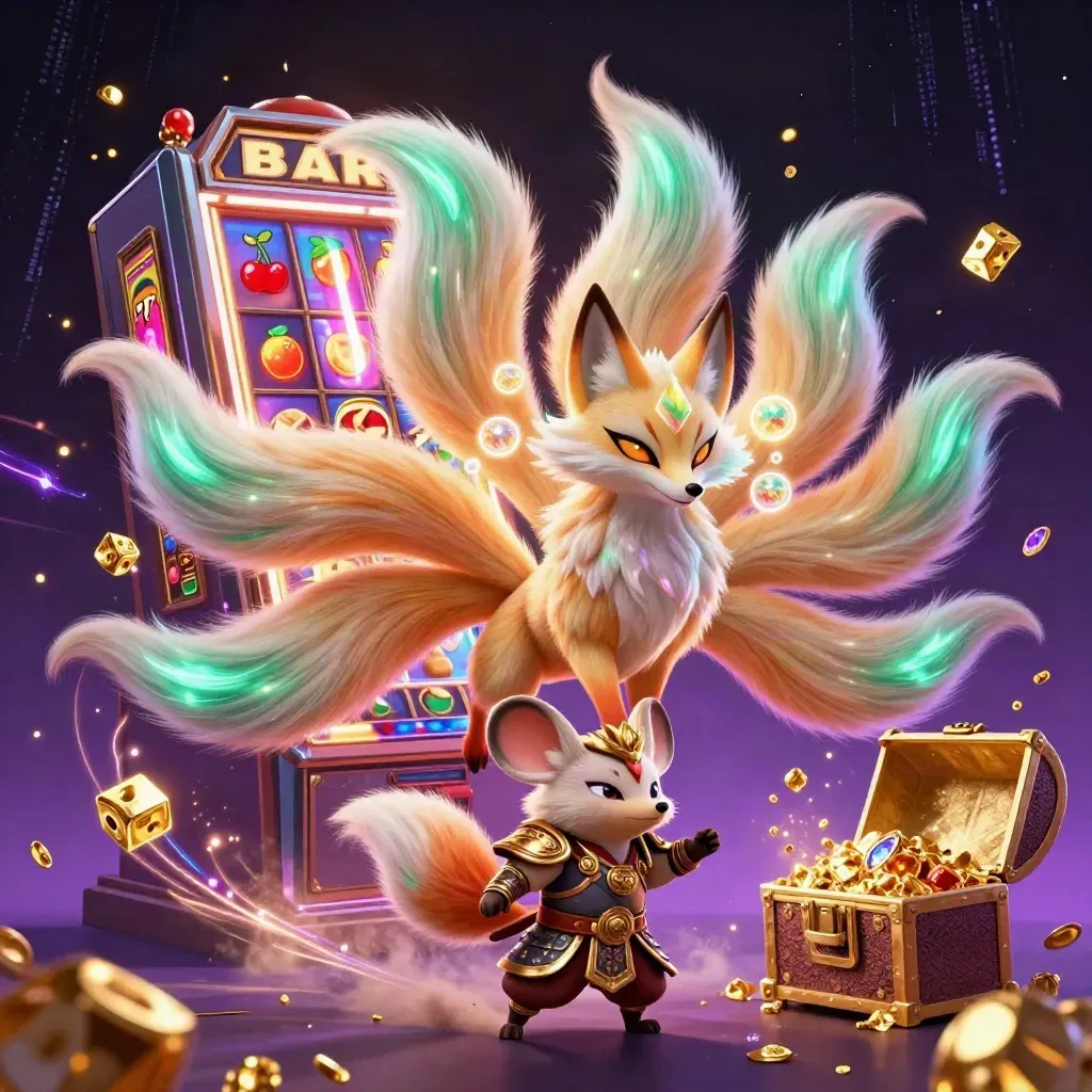 Nine-tailed fox spirit and samurai mouse amid exploding slots, gold, gems, and neon magic
