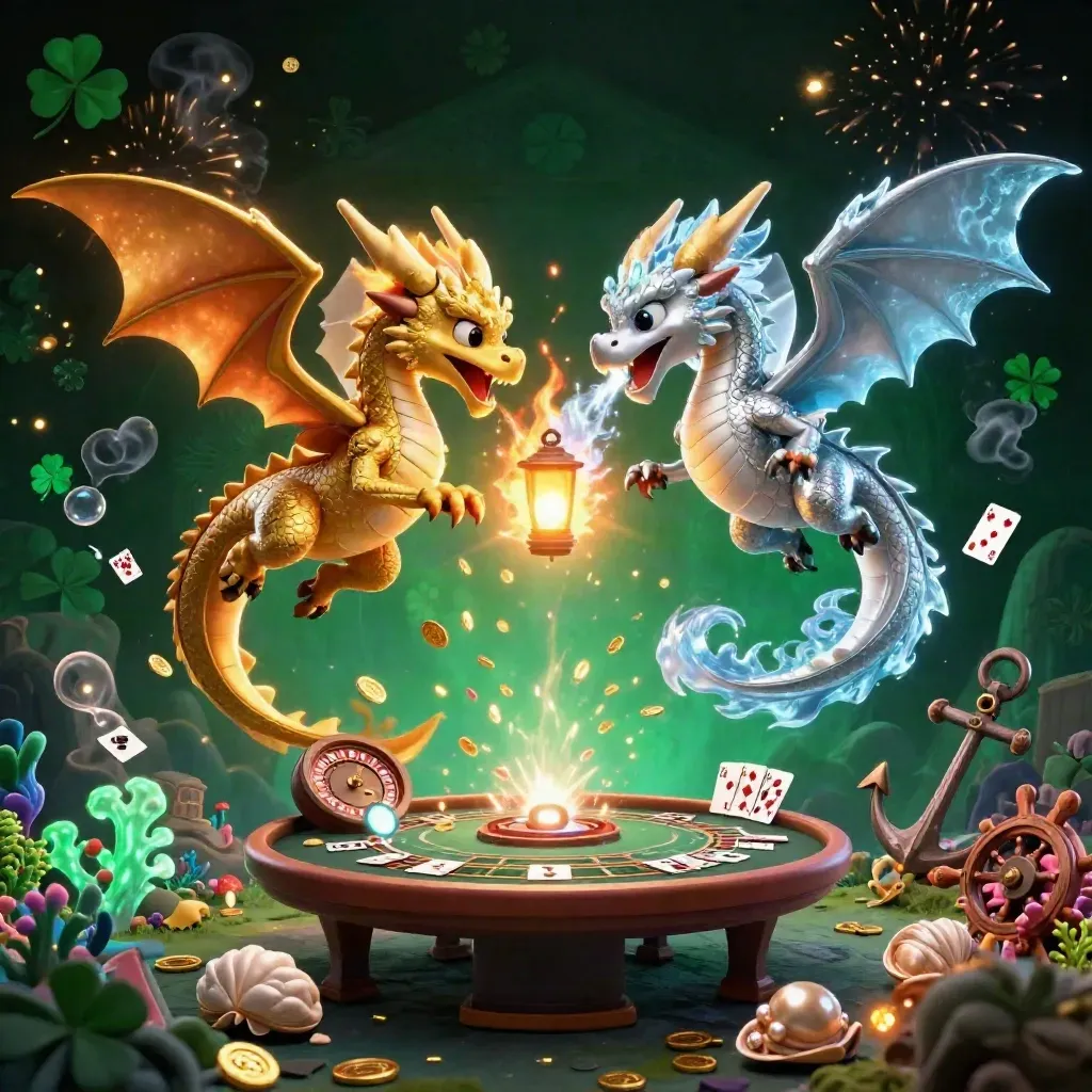 Gold and silver dragons spiral in treasure cove chaos with coins, cards, coral, and casino lights.
