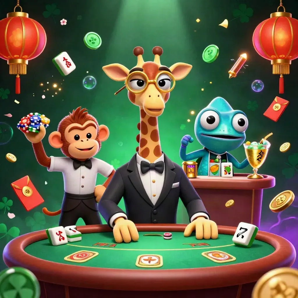 Giraffe, monkey valet, and chameleon bartender in a luxe blackjack casino scene with gold chips and glowing effects.